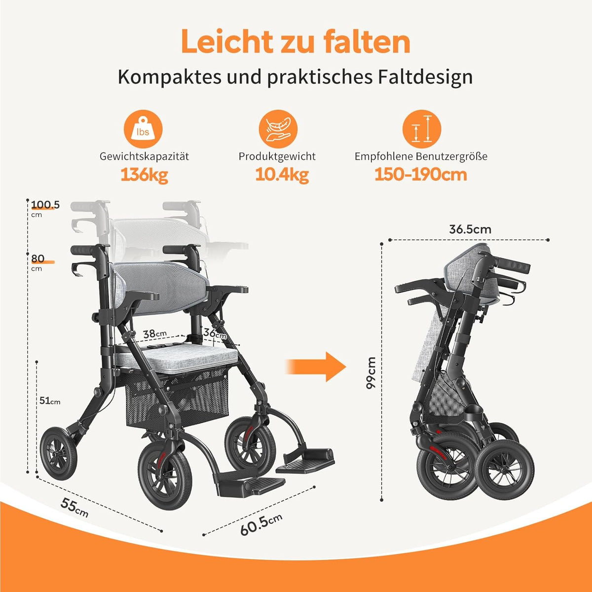 2-in-1 Rollator und Transportstuhl V-RL-Z51-E-BK faltbar aus Aluminium mit Sitz und Outdoor-Reifen bis 136 kg