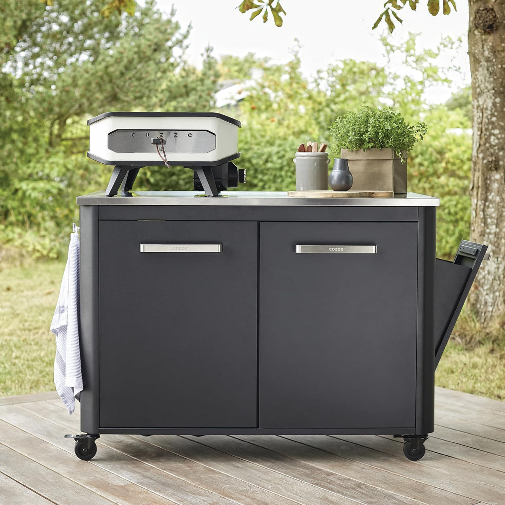 Outdoor-Küchenschrank mit Edelstahlplatte 2 Türen 4 Rollen Gasflaschenhalterung 127 x 67 x 90 cm
