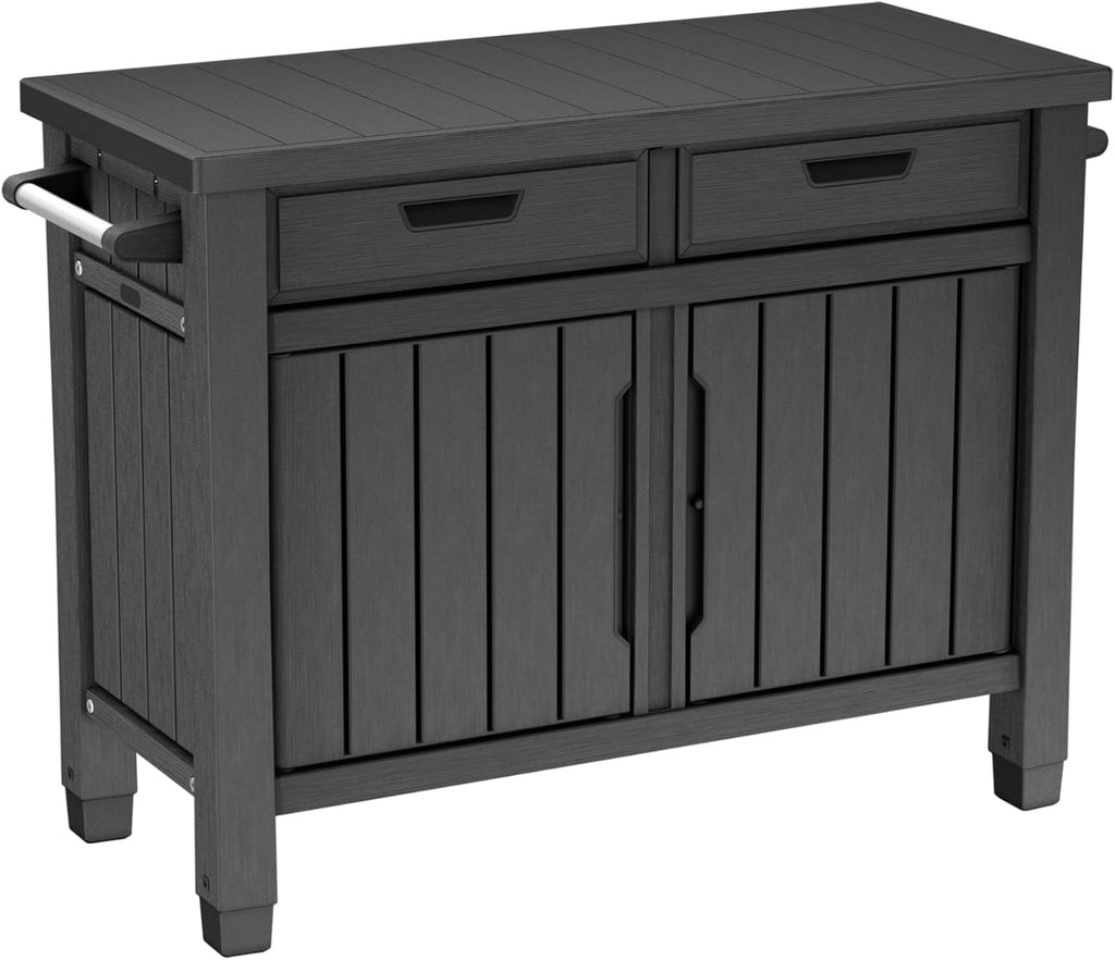 Grilltisch Beistelltisch XXL 22634 124x52x90 cm Kunstharz Holzoptik Outdoor Servicetisch mit Stauraum 2 Schubladen
