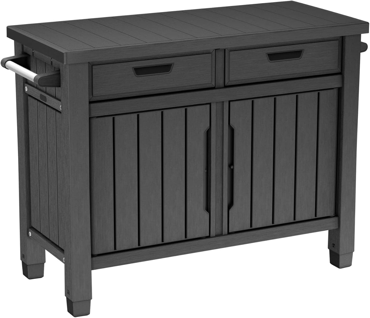 Grilltisch Beistelltisch XXL 22634 124x52x90 cm Kunstharz Holzoptik Outdoor Servicetisch mit Stauraum 2 Schubladen
