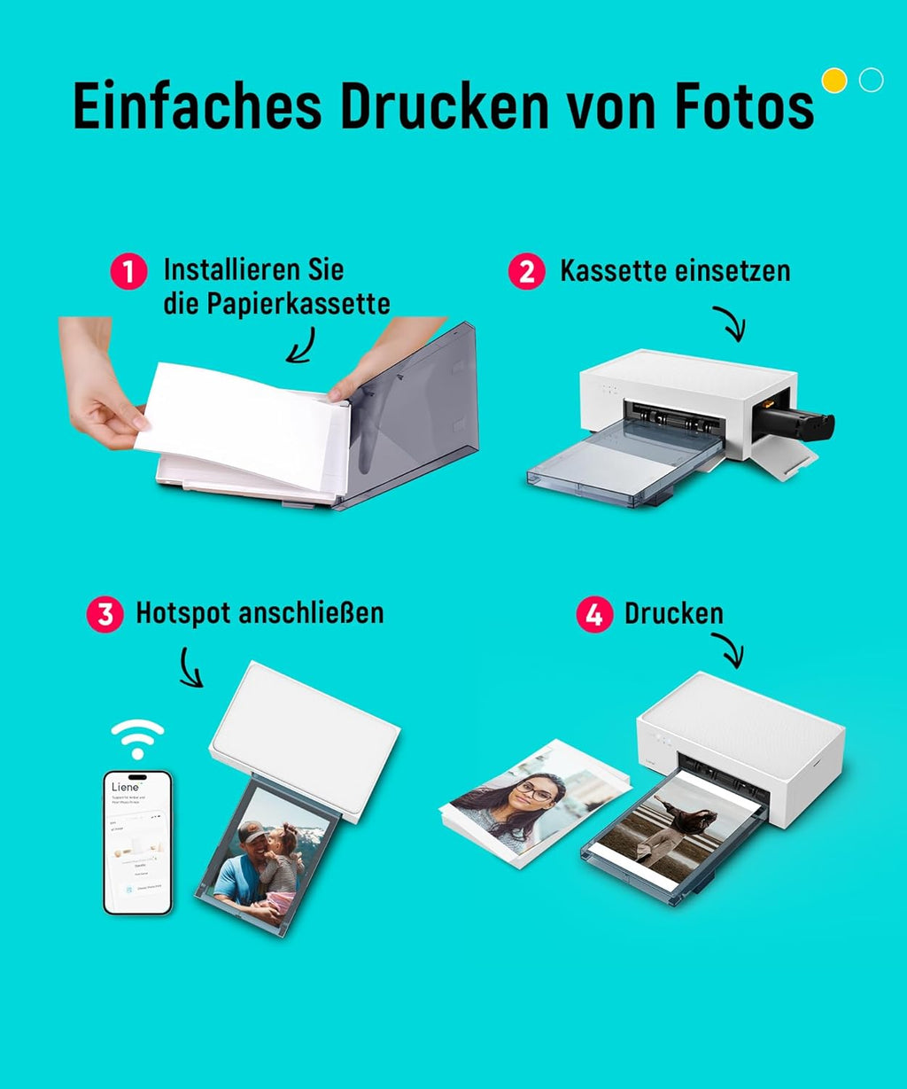Fotodrucker 10x15 cm tragbar DHP513 Farbstoffsublimation 300 DPI WLAN USB kompatibel mit Smartphone PC inkl Fotopapier und Patrone