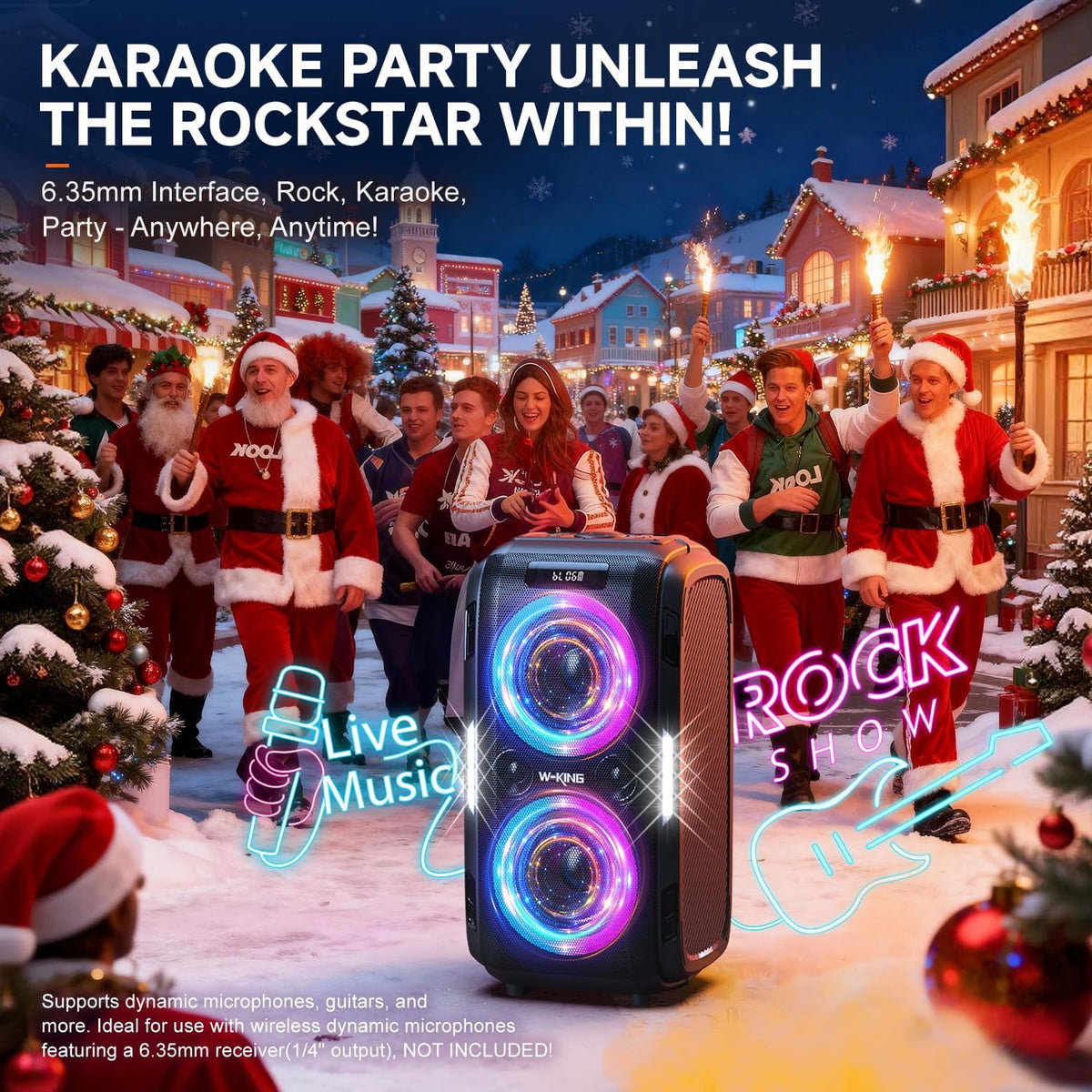 Bluetooth Party-Lautsprecher T9 Pro 270W mit Bluetooth 5.3 2 x 6,5 Zoll Woofern Mikrofon- und Gitarreneingang USB TF AUX Wechselakku