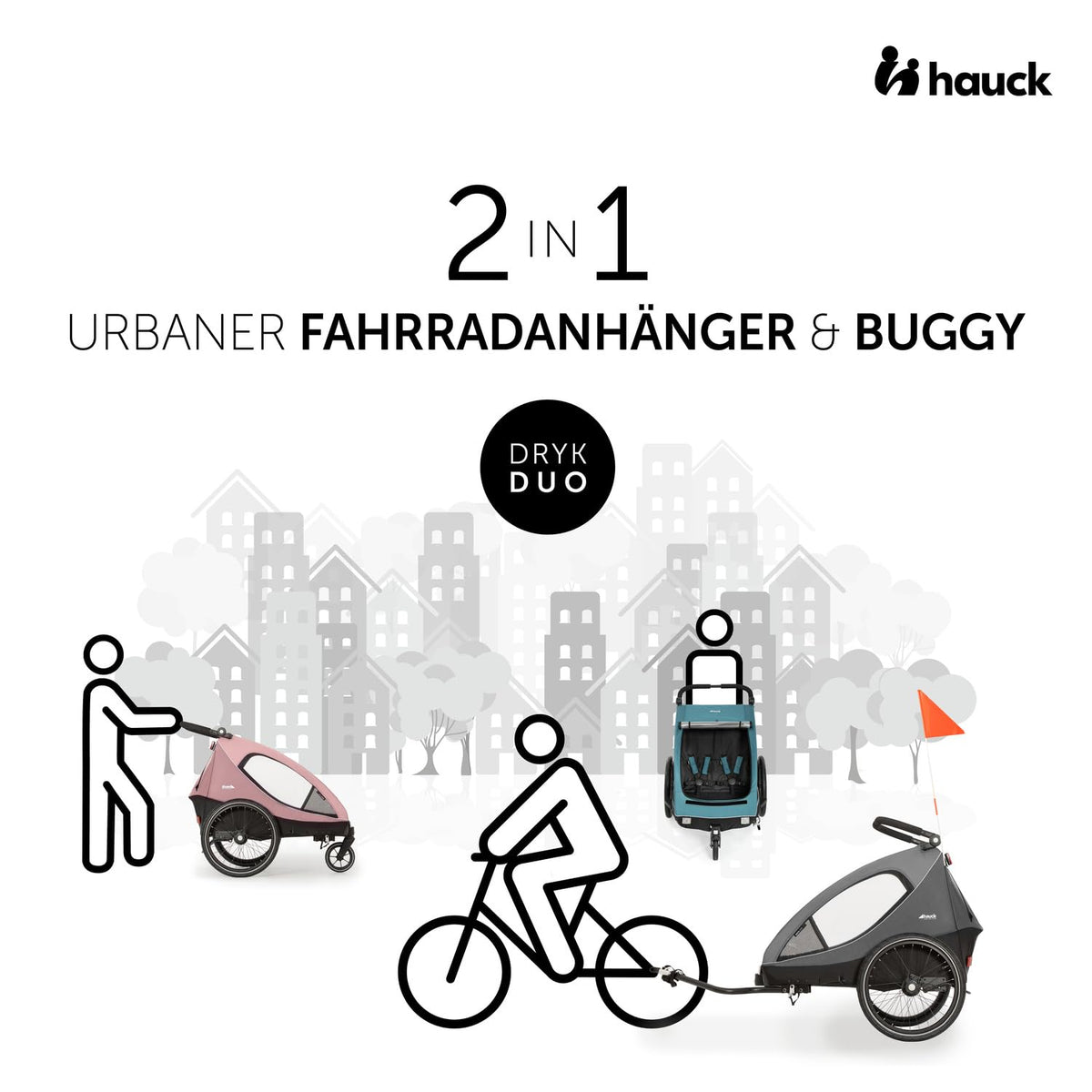 2in1 Fahrradanhänger Kinderwagen für 2 Kinder Dryk Duo bis 22 kg 120 cm faltbar für Zwillinge und Geschwister