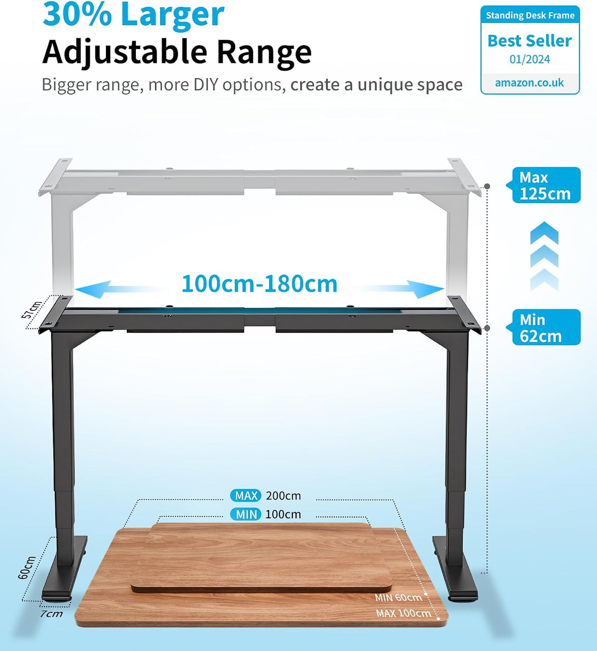 Elektrisches höhenverstellbares Tischgestell T2 Pro Plus Dualmotor 3-stufig 62-125cm 160kg Schwarz Stahl USB