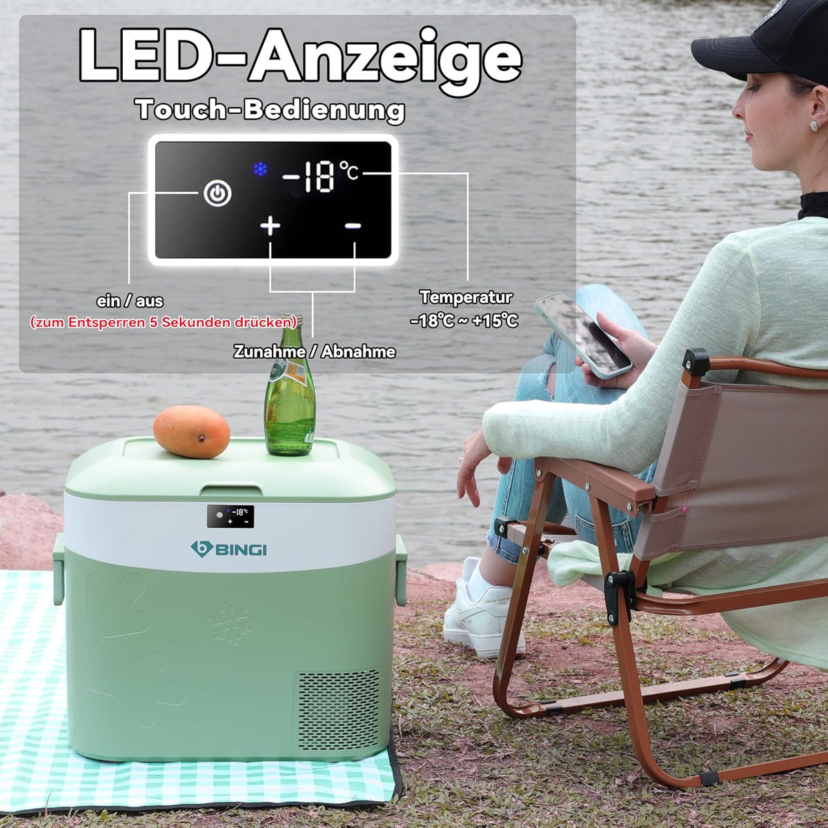 Kompressor Kühlbox HC-22P2 22L 12/24V 230V DC AC -18 bis 15°C Auto Kühlschrank Gefrierbox tragbar Camping Wohnmobil