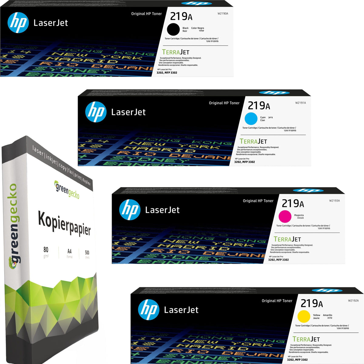 219A Toner Multipack CMYK 4 Kartuschen mit 500 Blatt A4 Kopierpapier für Color LaserJet Pro 3202 und 3302
