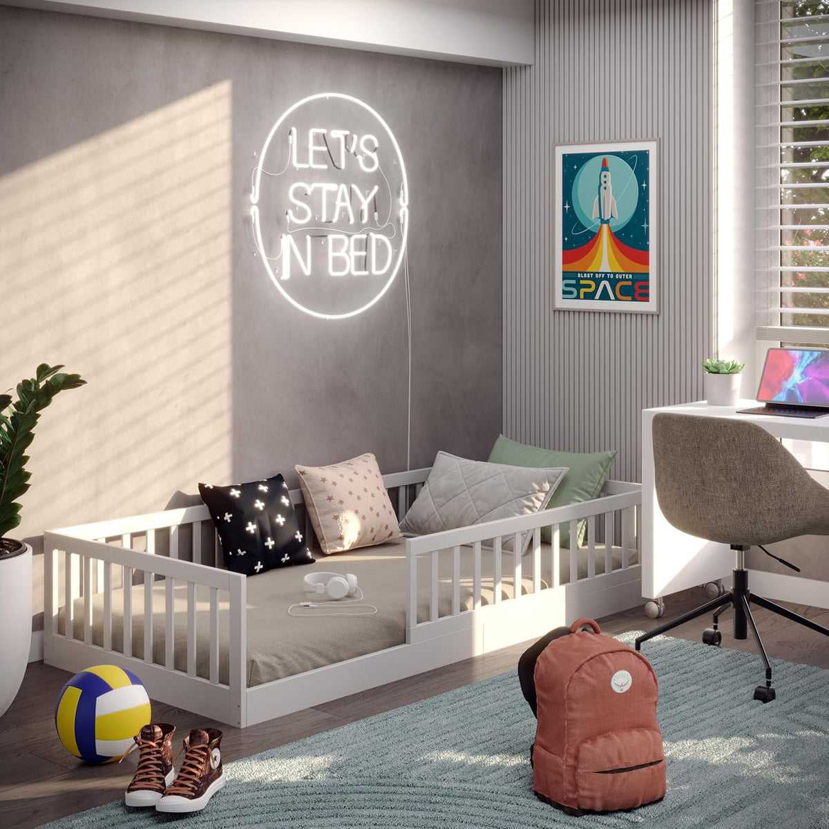 Bodenbett 90x200 cm Montessori Kinderbett Massivholz Kiefer mit Rausfallschutz und Roll-Lattenrost bis 200 kg