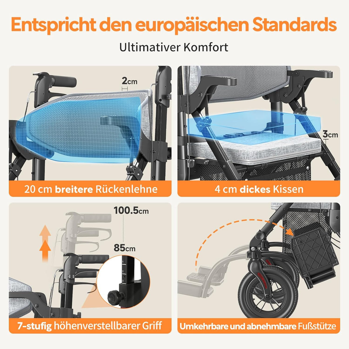 2-in-1 Rollator und Transportstuhl V-RL-Z51-E-BK faltbar aus Aluminium mit Sitz und Outdoor-Reifen bis 136 kg