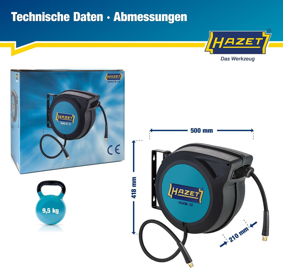 Schlauchaufroller 9040N-13 15 m 13 mm 20 bar Druckluft und Wasser Wandmontage mit automatischem Aufrollsystem und Stoppfunktion