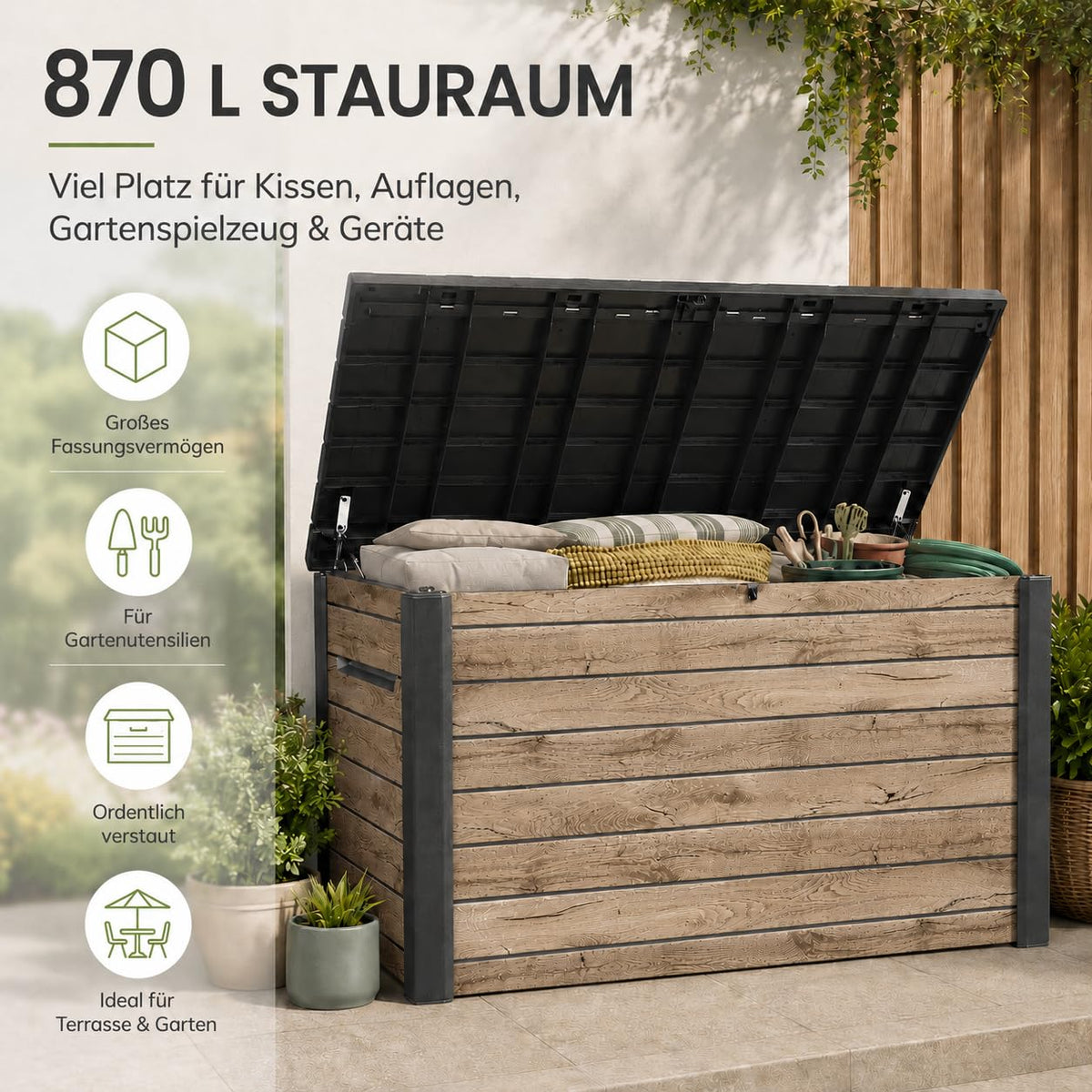 Gartenbox Ontario 870 Liter 147 x 83 x 86 cm aus Kunststoff in Holzoptik mit Gasdruckfedern abschließbar