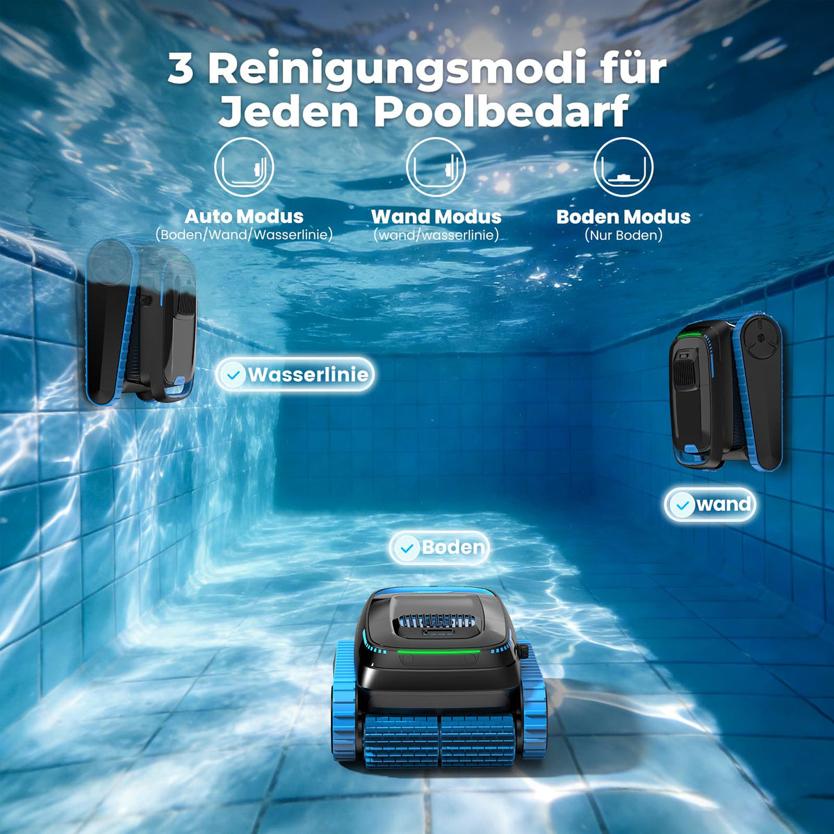 Poolroboter PC20 für Boden Wand und Wasserlinie 18.927 l/h App-Steuerung 5.200 mAh Akku 4 l Filterkorb für Pools bis 170 m²