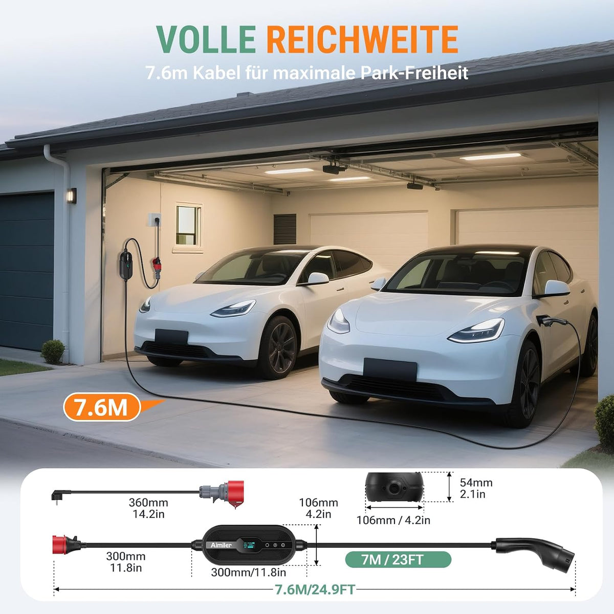 Mobile Wallbox EV Ladegerät 11kW 400V Typ 2 7,6m Kabel 8-16A CEE 3-phasig IP66 App Steuerung Modell