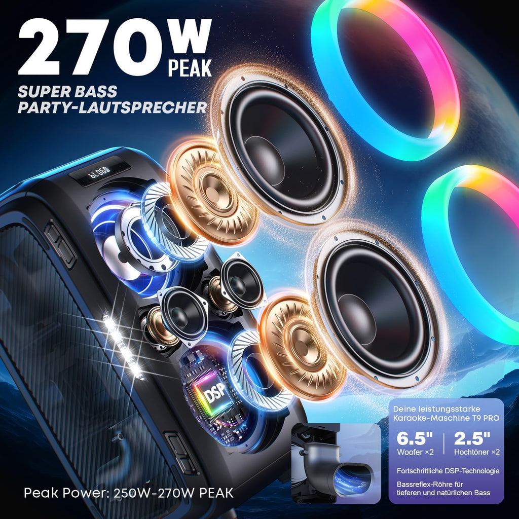 Bluetooth Party-Lautsprecher T9 Pro 270W mit Bluetooth 5.3 2 x 6,5 Zoll Woofern Mikrofon- und Gitarreneingang USB TF AUX Wechselakku