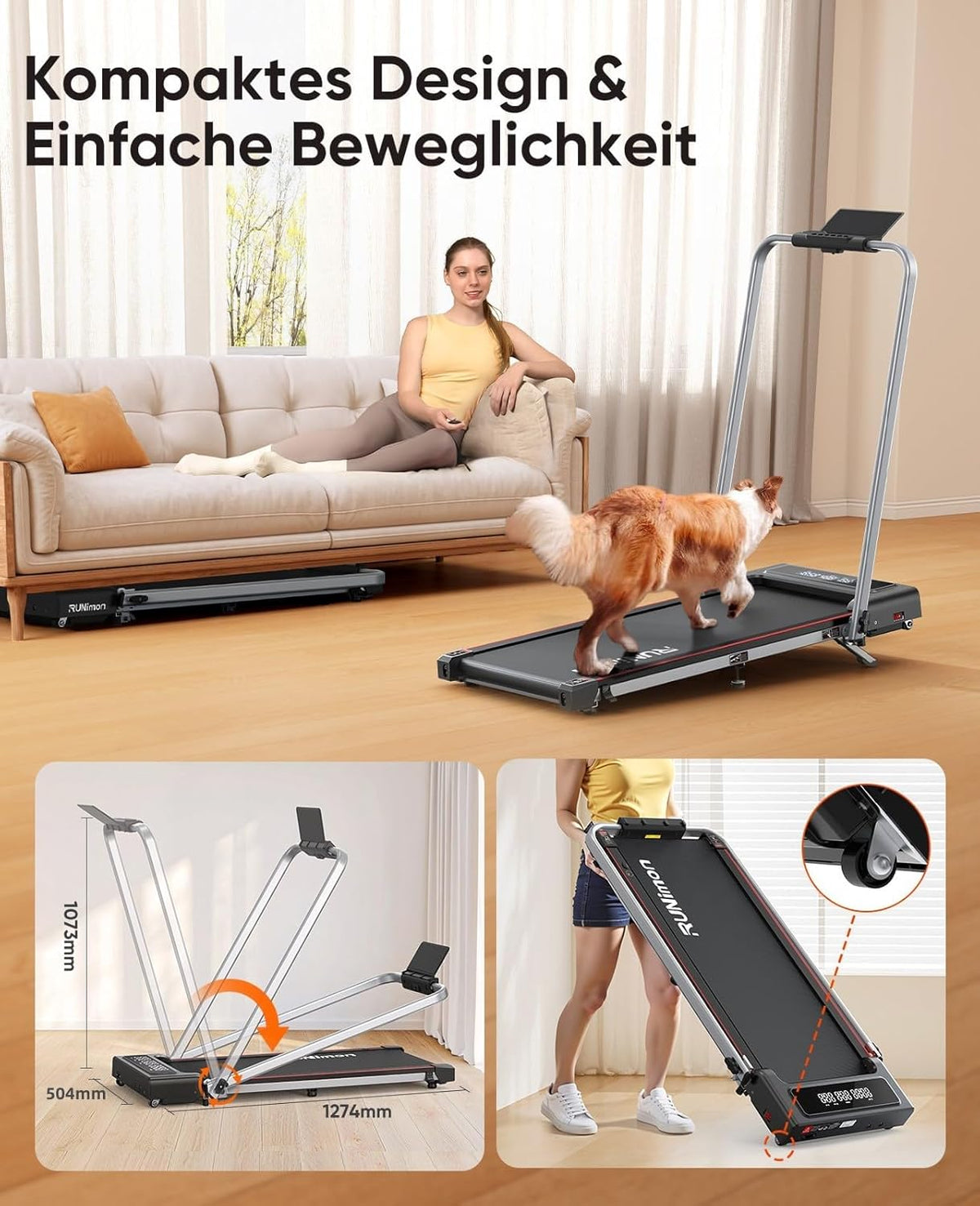 Klappbares Laufband für Zuhause und Büro RM01 12 km/h 2.5HP 9% Steigung 120 kg Tragkraft Walking Pad mit LED Anzeige