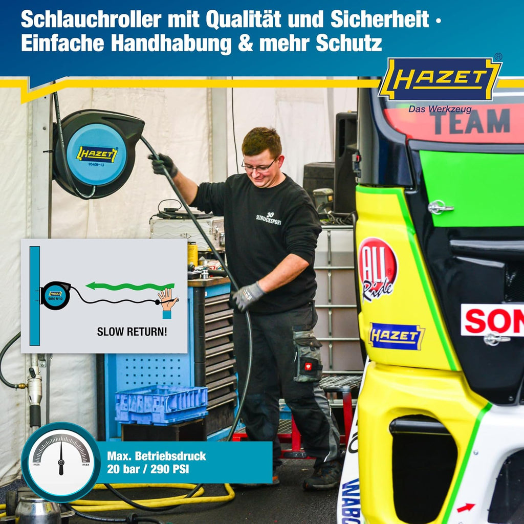Schlauchaufroller 9040N-13 15 m 13 mm 20 bar Druckluft und Wasser Wandmontage mit automatischem Aufrollsystem und Stoppfunktion