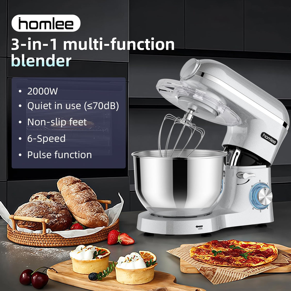 3 in 1 Küchenmaschine 2000W 5,5L Schüssel mit Fleischwolf und 1,5L Mixer 6 Geschwindigkeiten SM-1518BM