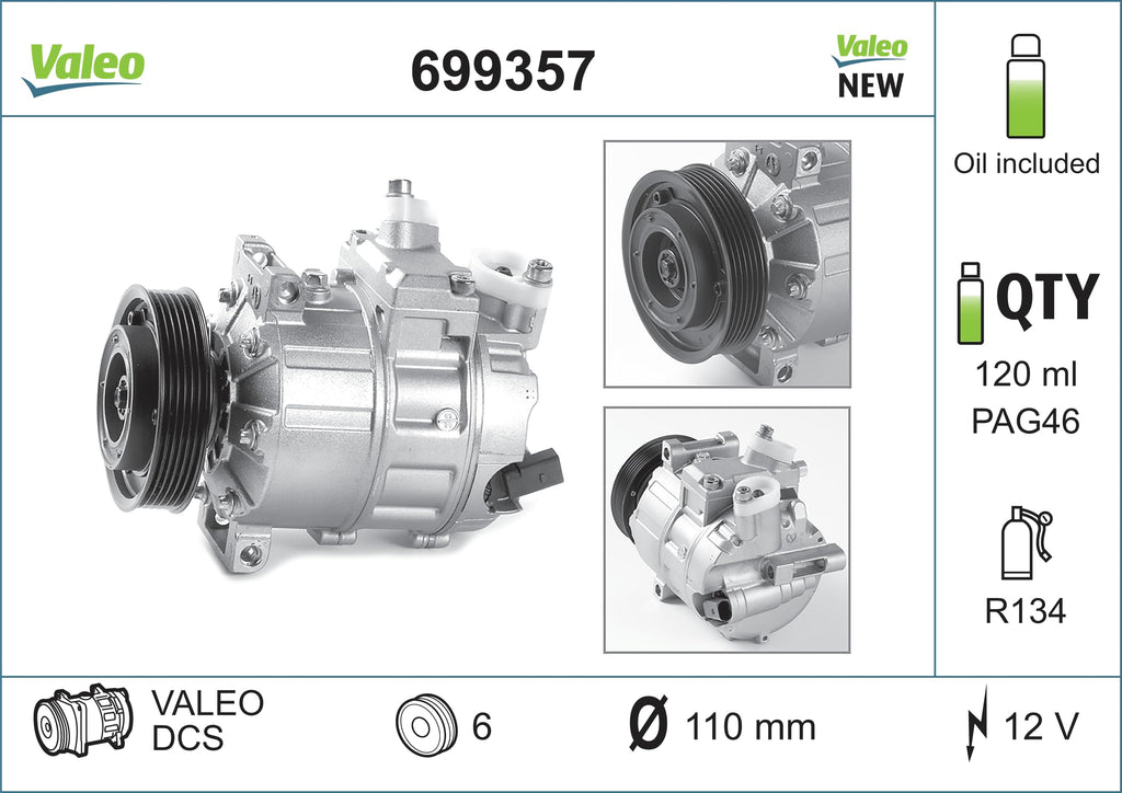 Klimakompressor 699357 für Fahrzeugklimaanlage 12 V 1785 W R134a PAG 46 für Audi A3 und VW Golf