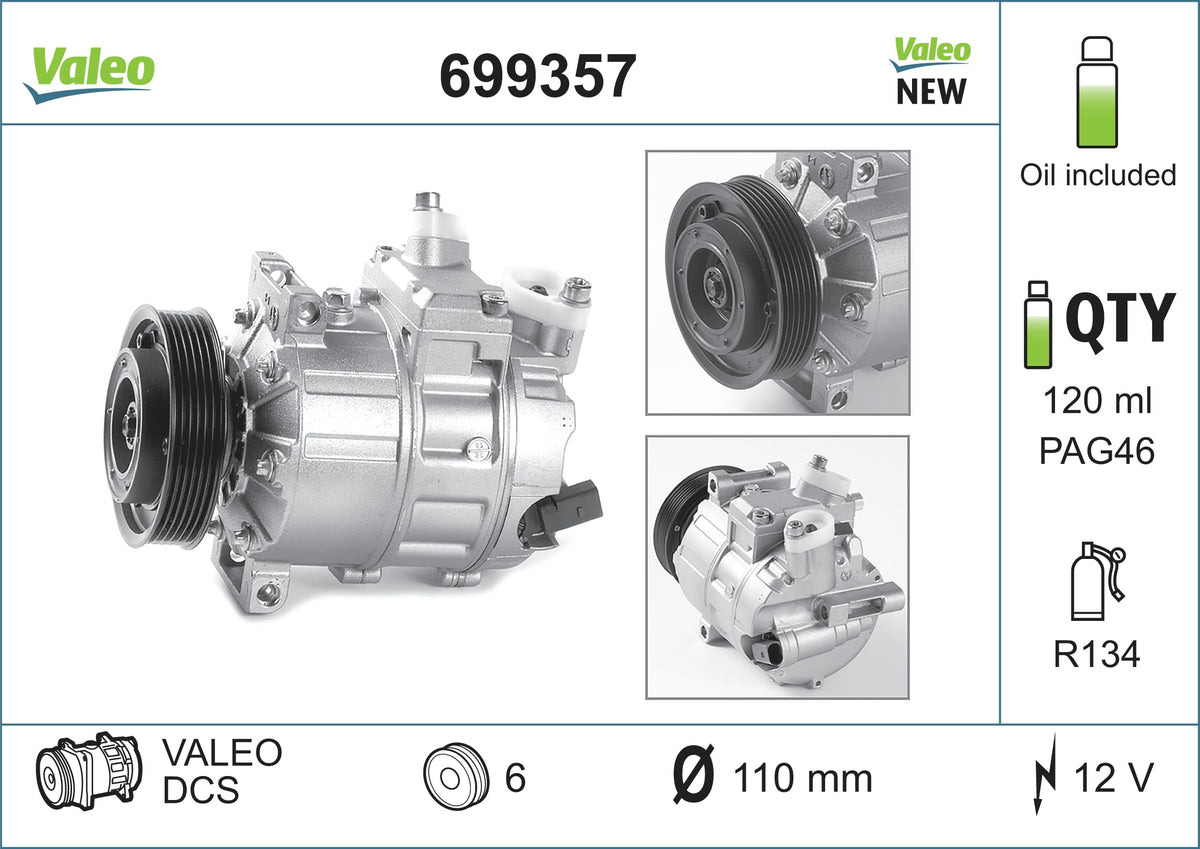Klimakompressor 699357 für Fahrzeugklimaanlage 12 V 1785 W R134a PAG 46 für Audi A3 und VW Golf