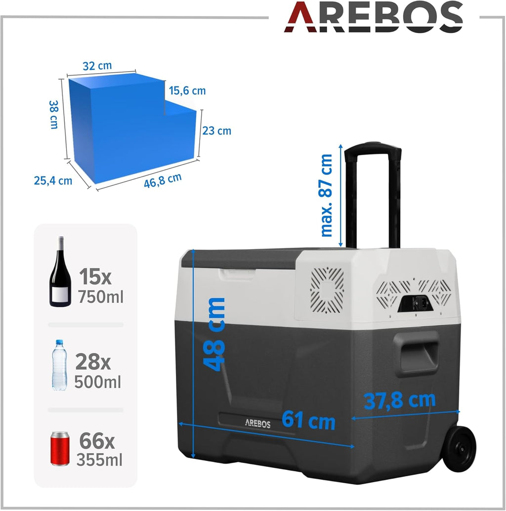 Kompressor Kühlbox 39 Liter mit Rollen 12/24V 230V -20°C bis +20°C mobile Kühltruhe mit USB Anschluss für Auto Camping Wohnmobil