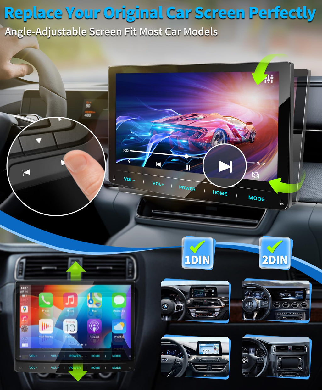 Android 13 Autoradio 10,1 Zoll Wireless Apple CarPlay Android Auto Navi DAB+ 1 DIN Bluetooth 8 Core 32GB WiFi 4G GPS Rückfahrkamera