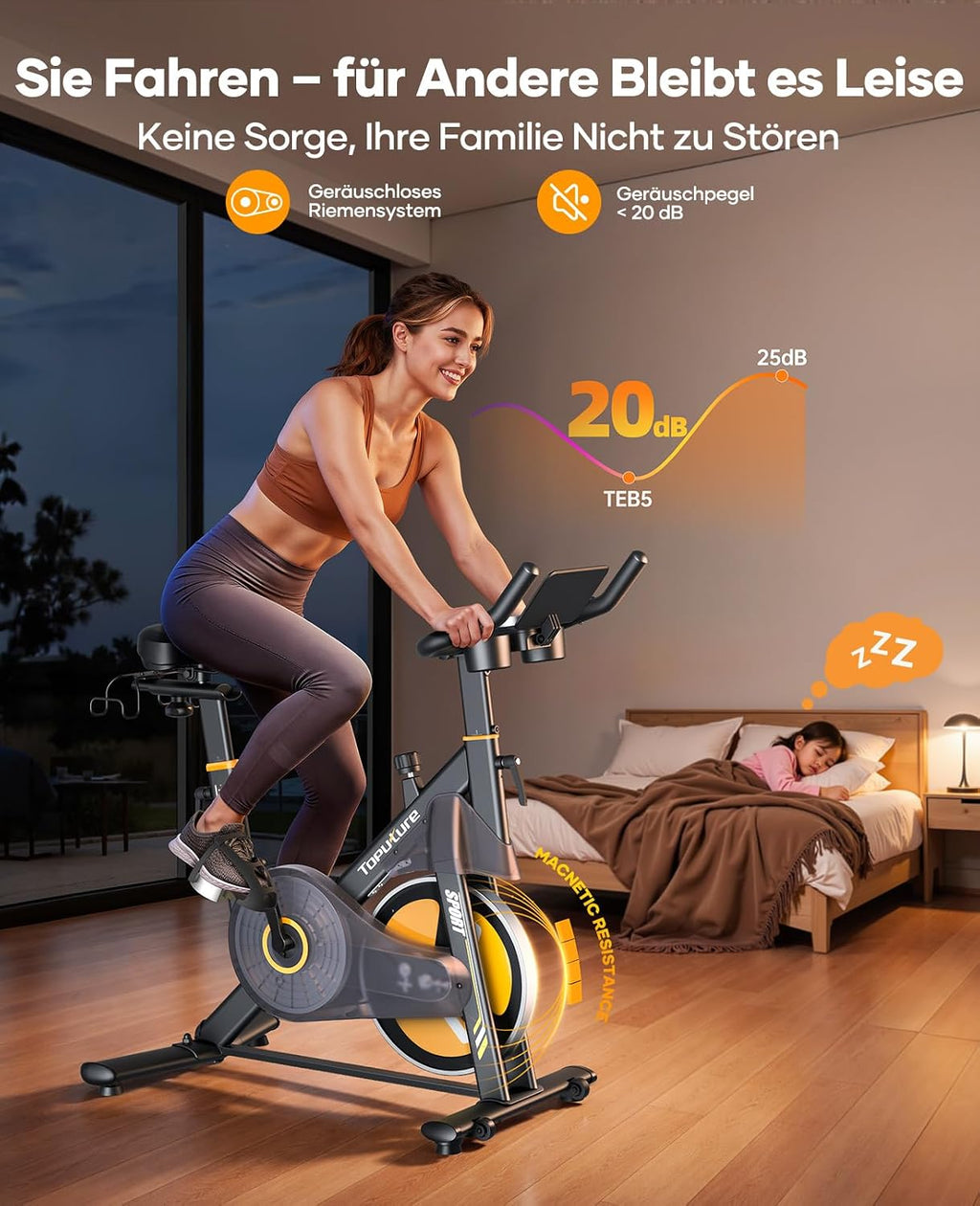Heimtrainer Fahrrad TEB5 mit 32-stufigem Magnetwiderstand LED-Touchmonitor App-Anbindung Herzfrequenzmessung 150 kg