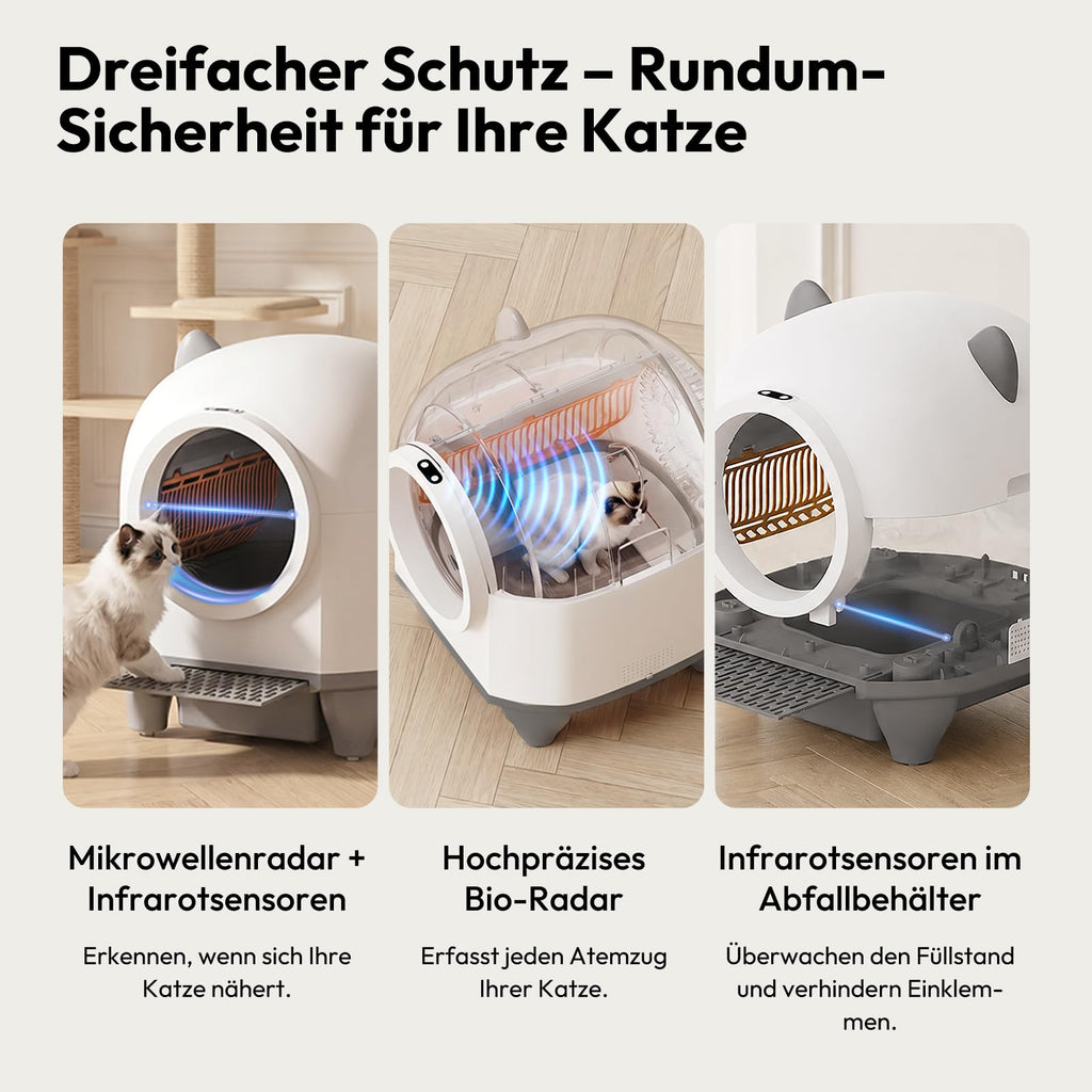 Automatische Katzentoilette 90L selbstreinigend mit App-Steuerung Sicherheitssensoren 8,5L Abfallbehälter für mehrere Katzen