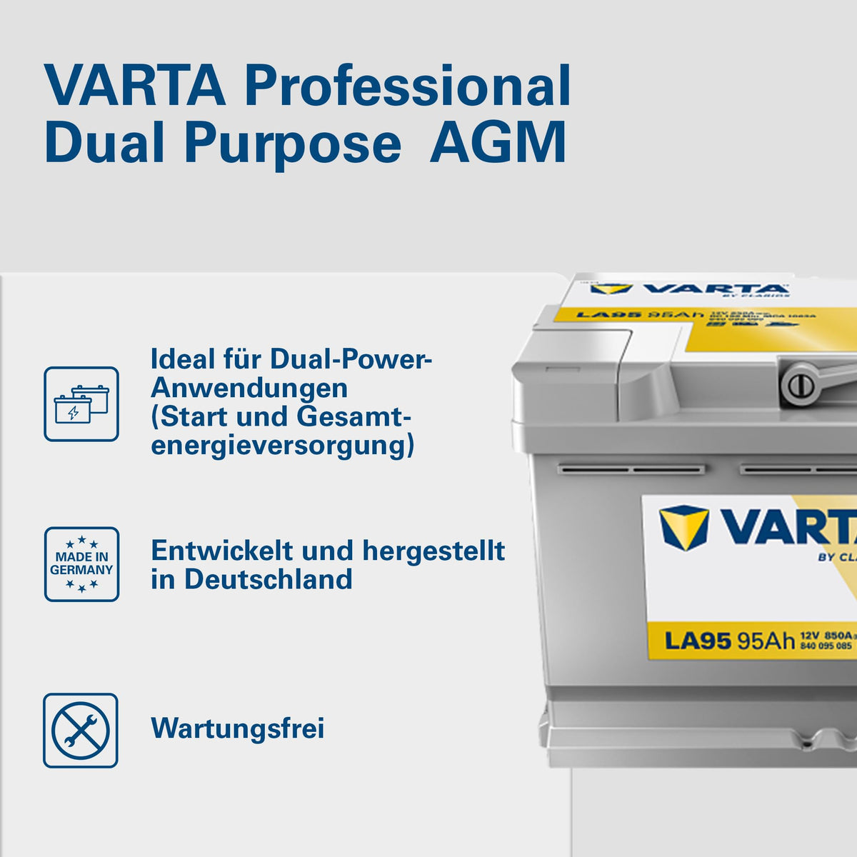 Professional Dual Purpose AGM Batterie 12V 95Ah 850A für Wohnmobil Wohnwagen und Boote wartungsfrei 353 x 190 x 175 mm