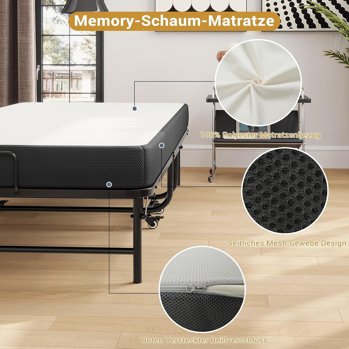 Klappbett Gästebett 90x200 cm mit 10 cm Schaumstoffmatratze Metallrahmen klappbar mit 4 Rollen bis 200 kg
