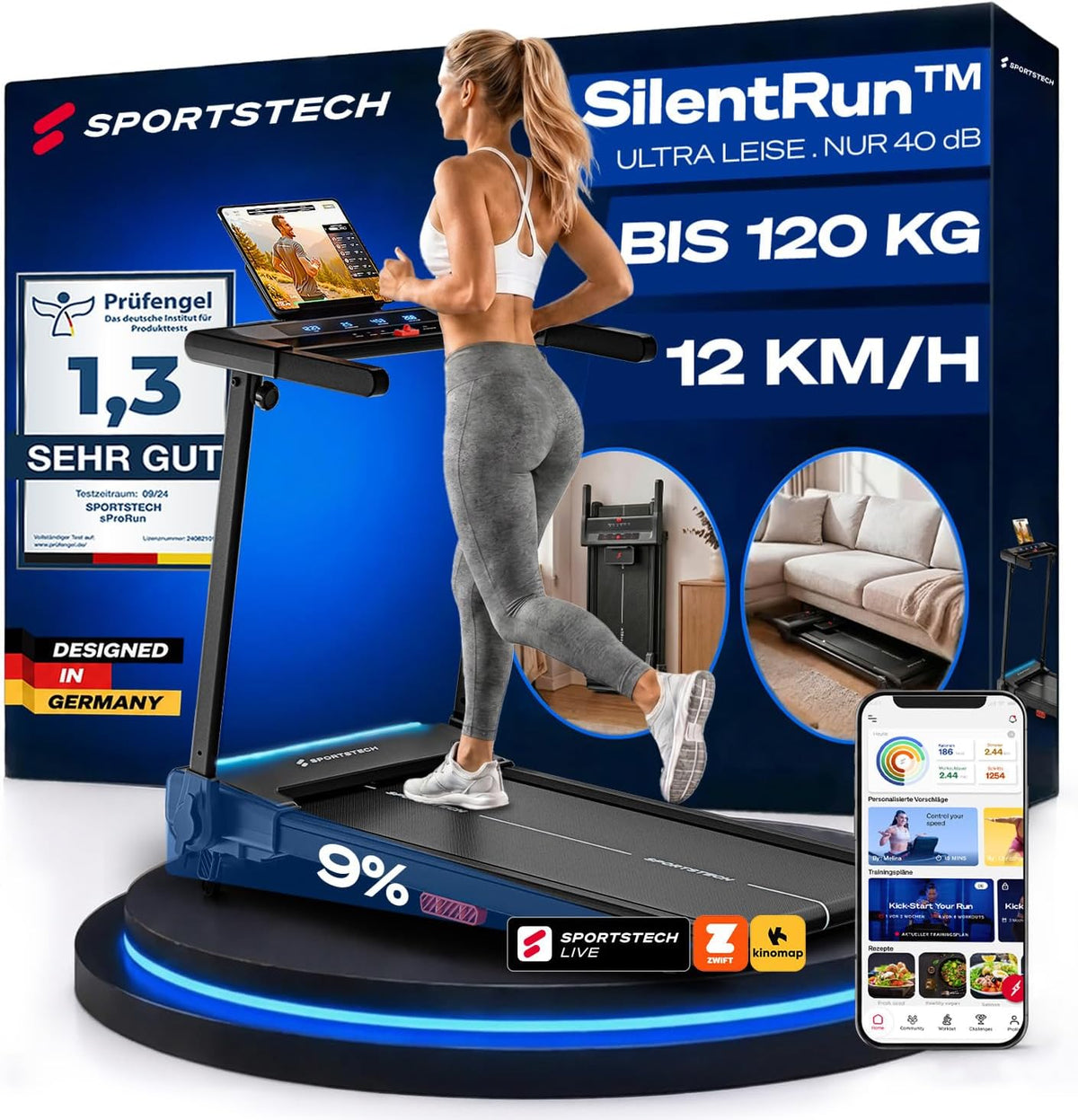 Elektrisches Laufband sProRun klappbar mit 9% Steigung 12 km/h für bis 120 kg Bluetooth LED Display und Tablethalter