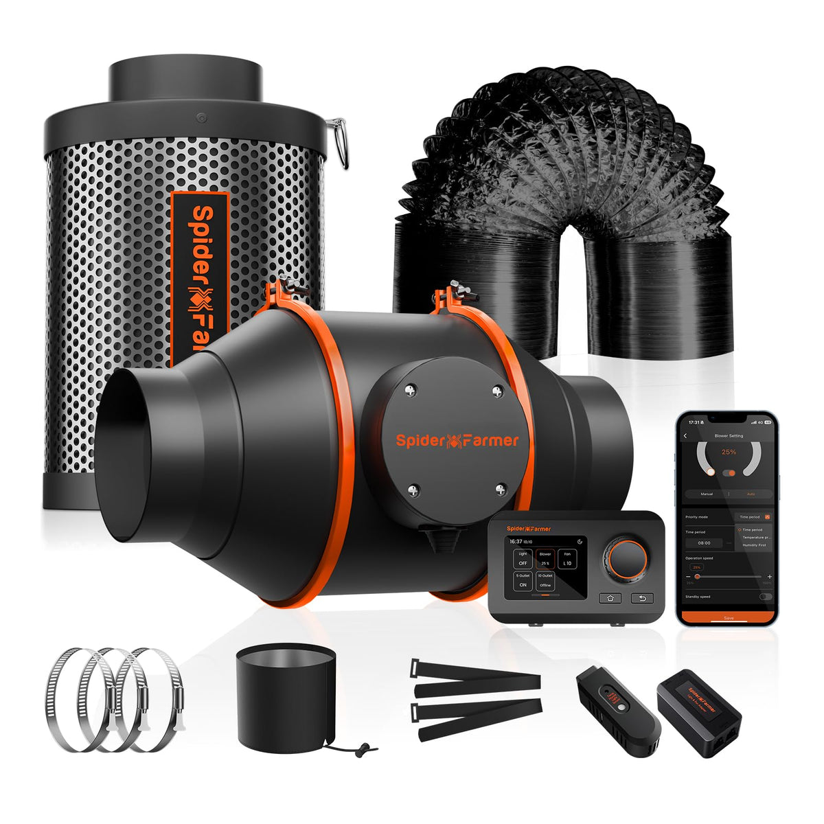 Rohrventilator Abluftset 100 mm mit Aktivkohlefilter GGS Controller 205 CFM 27 W Temperatur Feuchtigkeitssensor 26,8 dB 4 m Schlauch