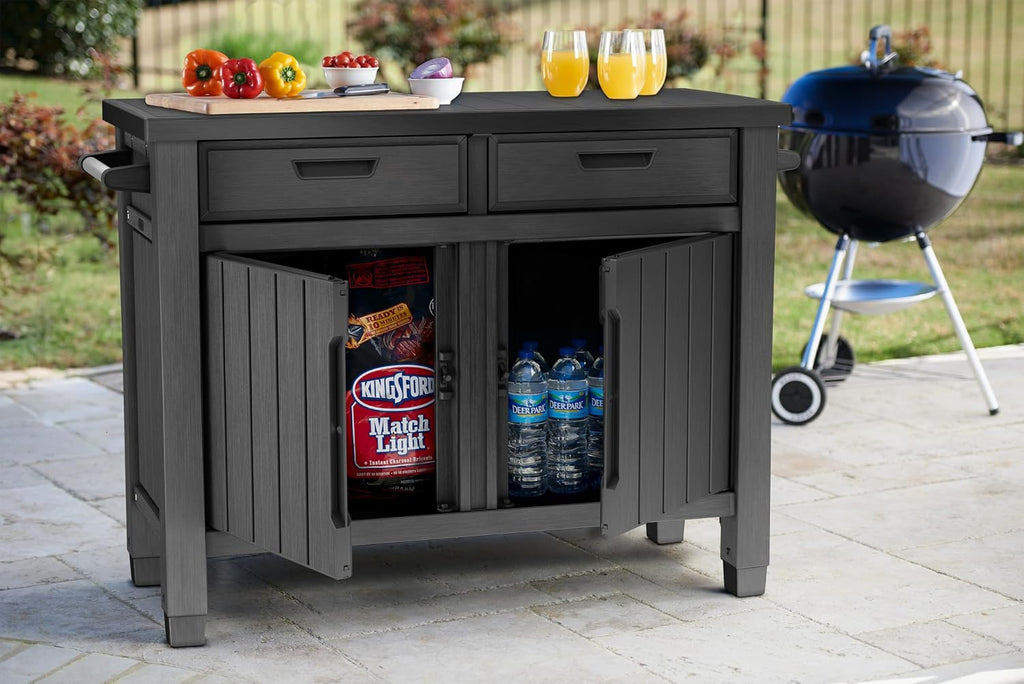 Grilltisch Beistelltisch XXL 22634 124x52x90 cm Kunstharz Holzoptik Outdoor Servicetisch mit Stauraum 2 Schubladen