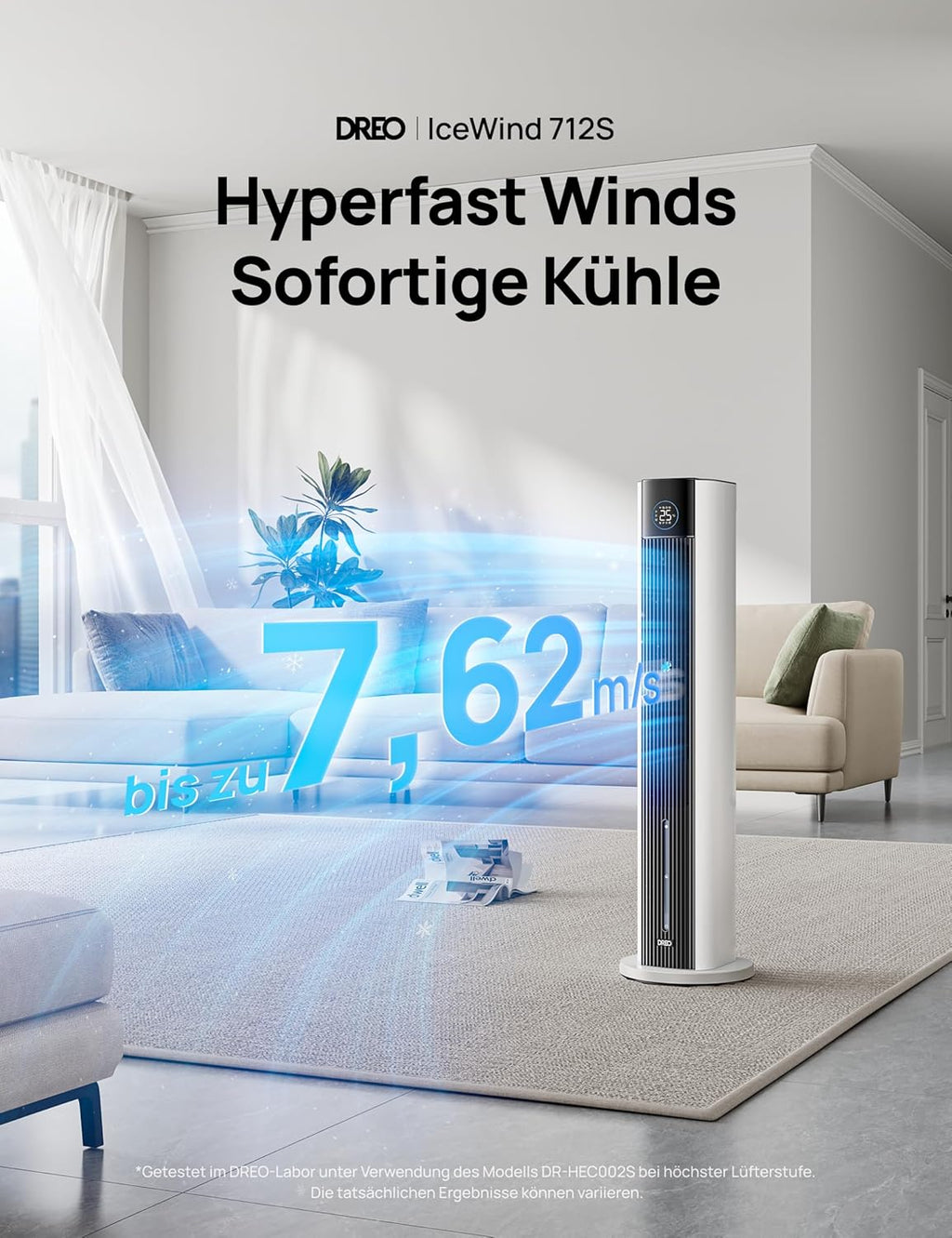 Turmventilator Verdunstungskühler 110 cm 4 Geschwindigkeiten 4 Modi App Steuerung 80° Oszillation 12h Timer DR-HEC002S