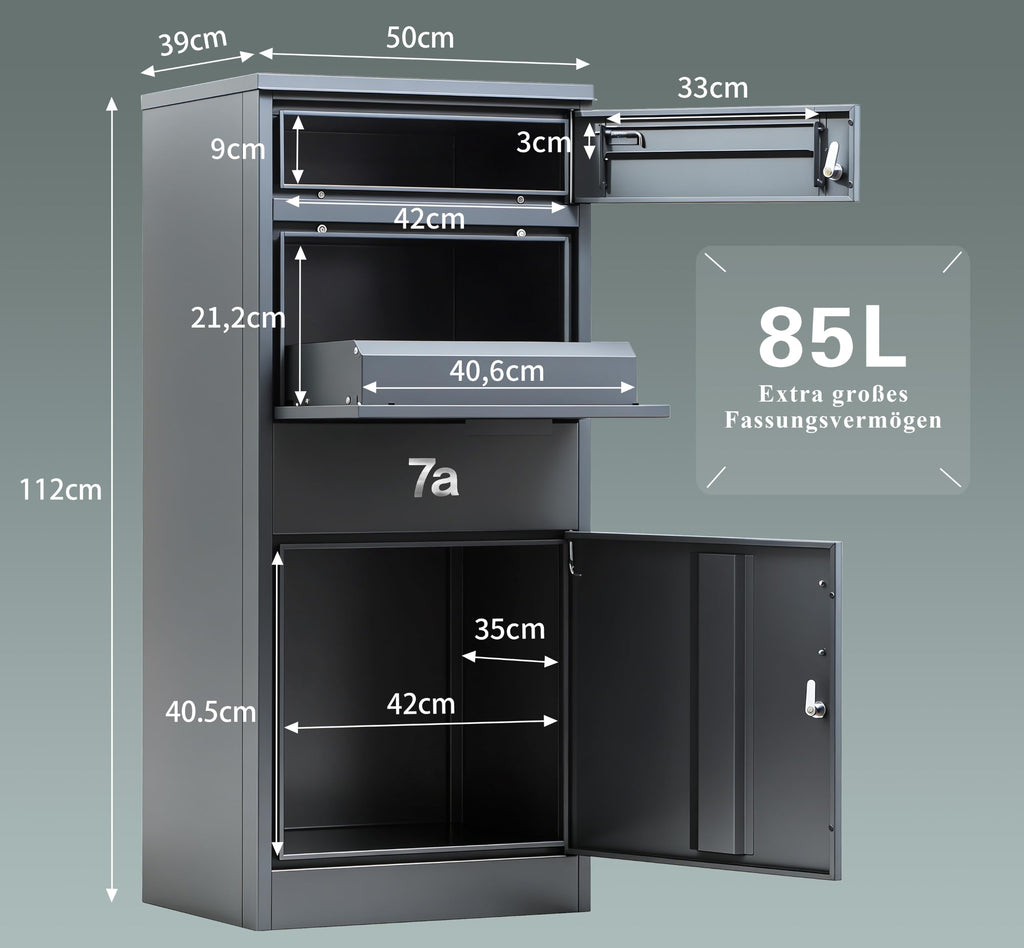 Paketbriefkasten mit Paketfach 85 l 112 x 50 x 39 cm verzinkter Stahl abschließbar freistehend mit 4 Schlüsseln Anthrazit