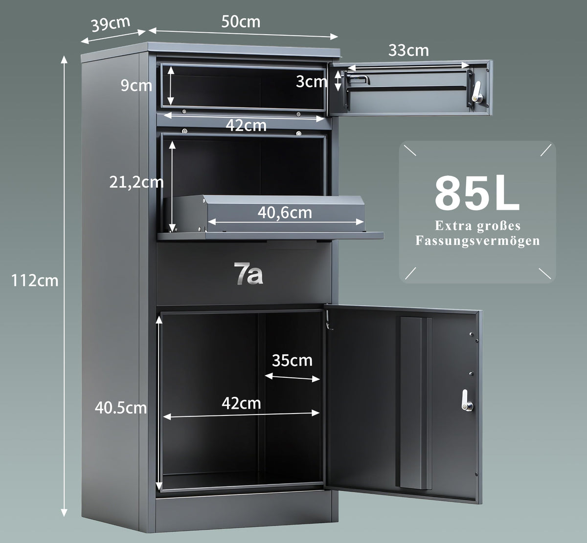 Paketbriefkasten mit Paketfach 85 l 112 x 50 x 39 cm verzinkter Stahl abschließbar freistehend mit 4 Schlüsseln Anthrazit
