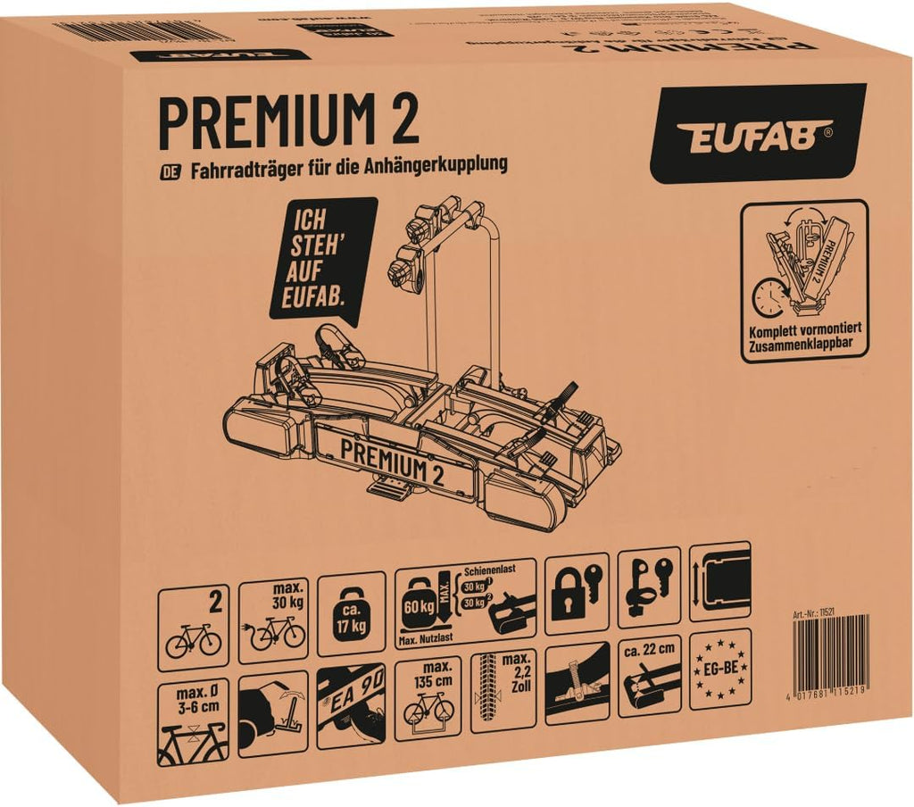 Fahrradträger Anhängerkupplung Premium 2 11521 für 2 Fahrräder E-Bike geeignet 60 kg klappbar abschließbar vormontiert