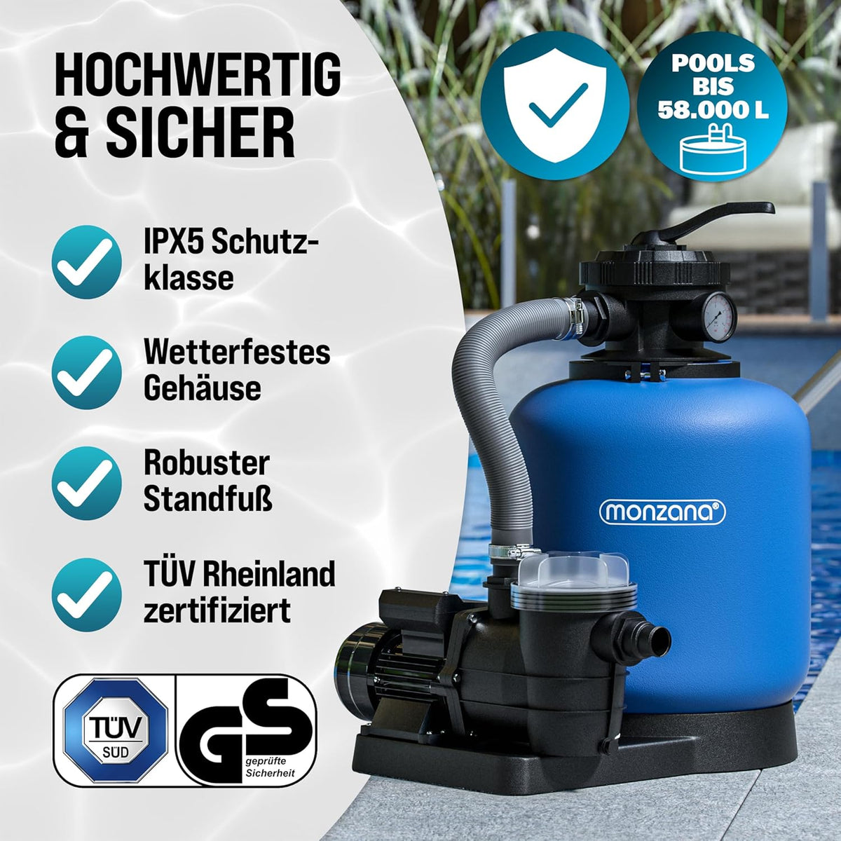 Sandfilteranlage Poolfilter 13200 l/h SF110K 600W 30L 7-Wege-Ventil bis 58000L Pool Ø32-38mm