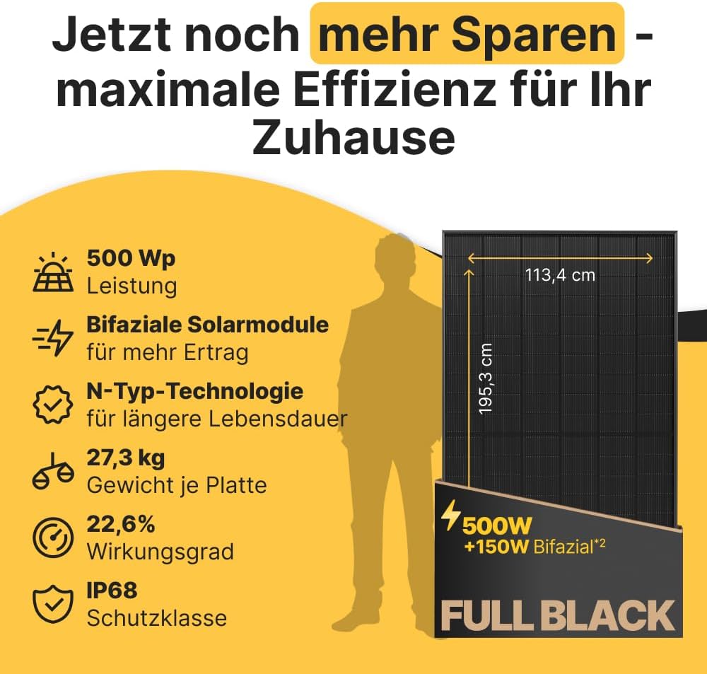 Balkonkraftwerk Solaranlage Komplettset 1000W 800W Wechselrichter 2x500W bifaziale Solarmodule 5m Anschlusskabel ohne Halterung