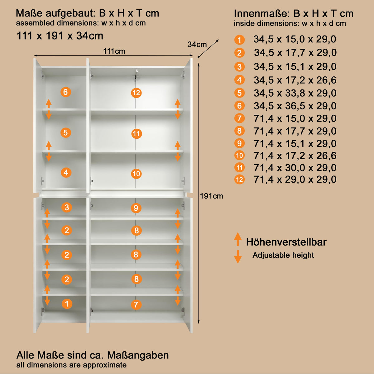 Mehrzweckschrank Nevada 213215701 111 x 191 x 34 cm 6 Türen 12 Einlegeböden mit Kleiderstange