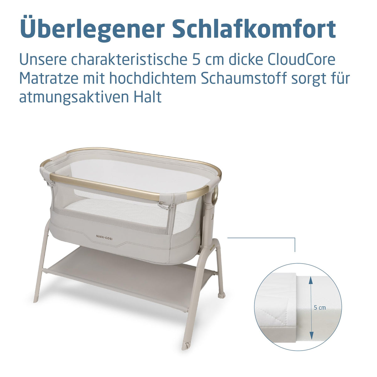 Stubenbett Baby Iora² 5-fach höhenverstellbar mit CloudCore-Matratze 5 cm Easy Slide 2 Rollen Elegance Beige