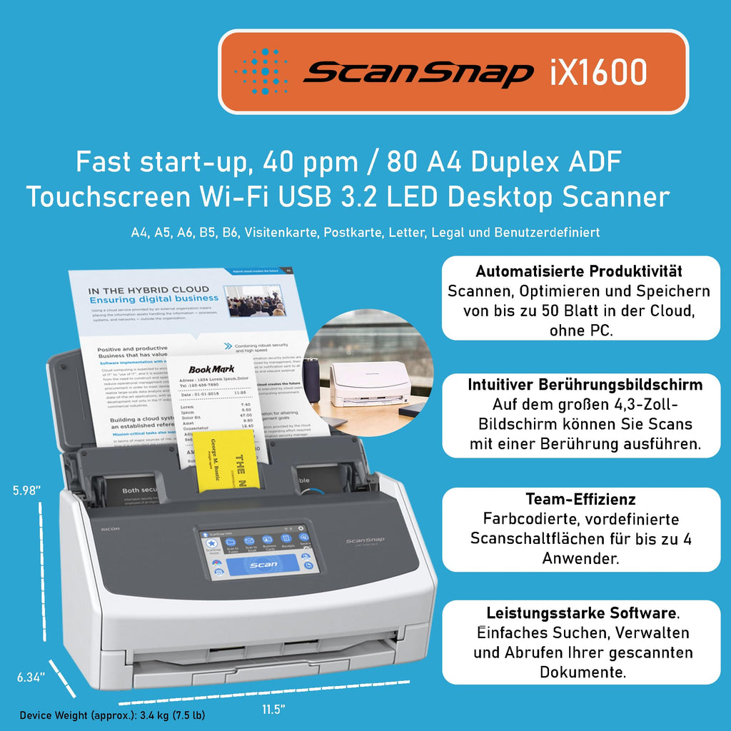 Dokumentenscanner iX1600 A4 Duplex WiFi USB 3.2 40 Seiten 80 Bilder pro Minute ADF 40 Blatt 4,3 Zoll Touchscreen