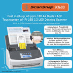 Dokumentenscanner iX1600 A4 Duplex WiFi USB 3.2 40 Seiten 80 Bilder pro Minute ADF 40 Blatt 4,3 Zoll Touchscreen