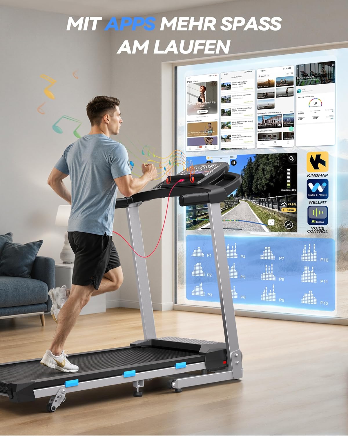 Klappbares Laufband TM015 mit Steigung 12 km/h 3,5 PS LED Display Bluetooth App Steuerung 12 Trainingsprogramme