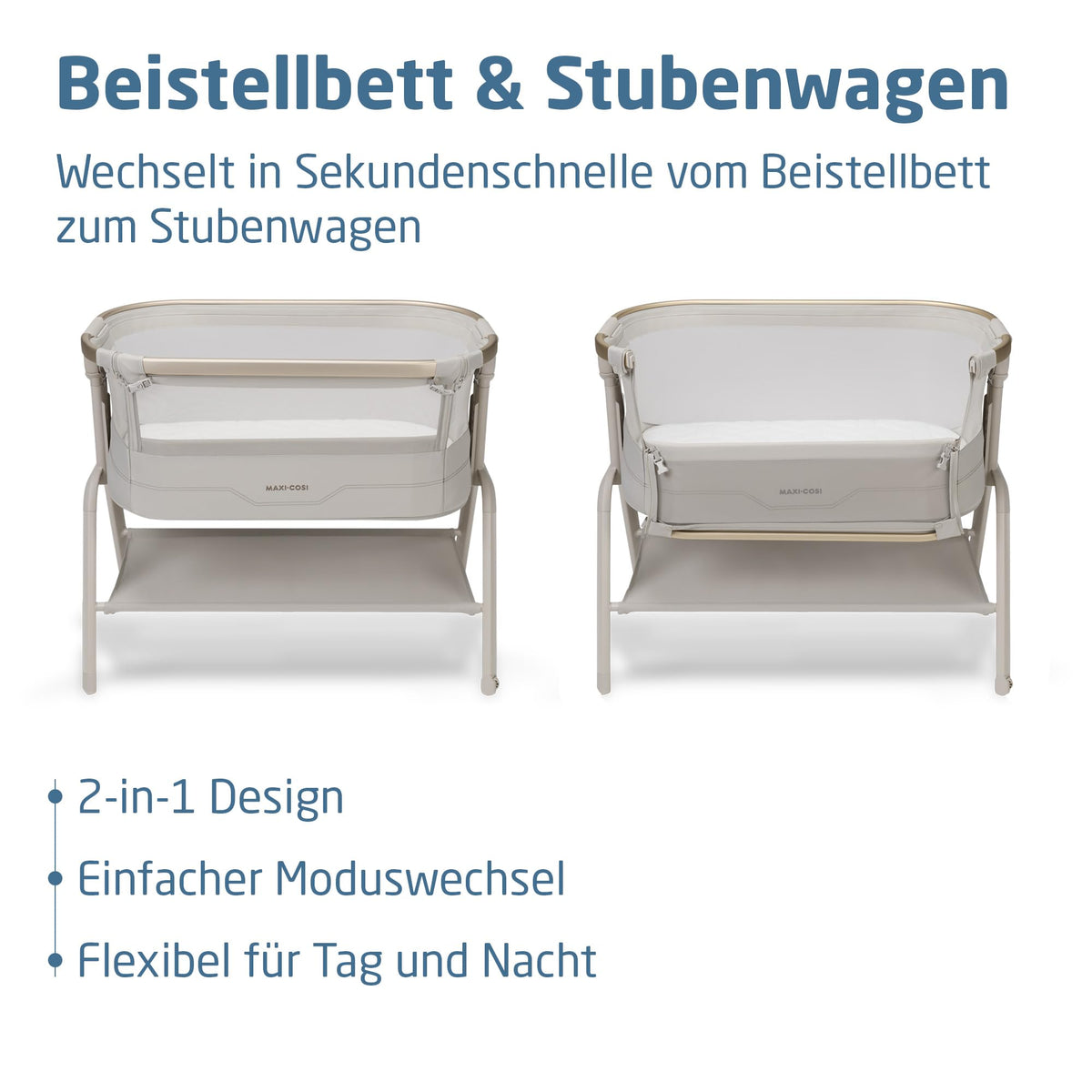 Stubenbett Baby Iora² 5-fach höhenverstellbar mit CloudCore-Matratze 5 cm Easy Slide 2 Rollen Elegance Beige
