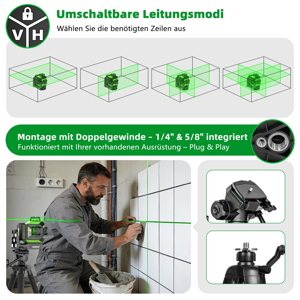 Kreuzlinienlaser 360° mit motorisierter Basis Fernbedienung automatischer Ausrichtung ±2 mm Präzision Pulsmodus 5200 mAh Akku