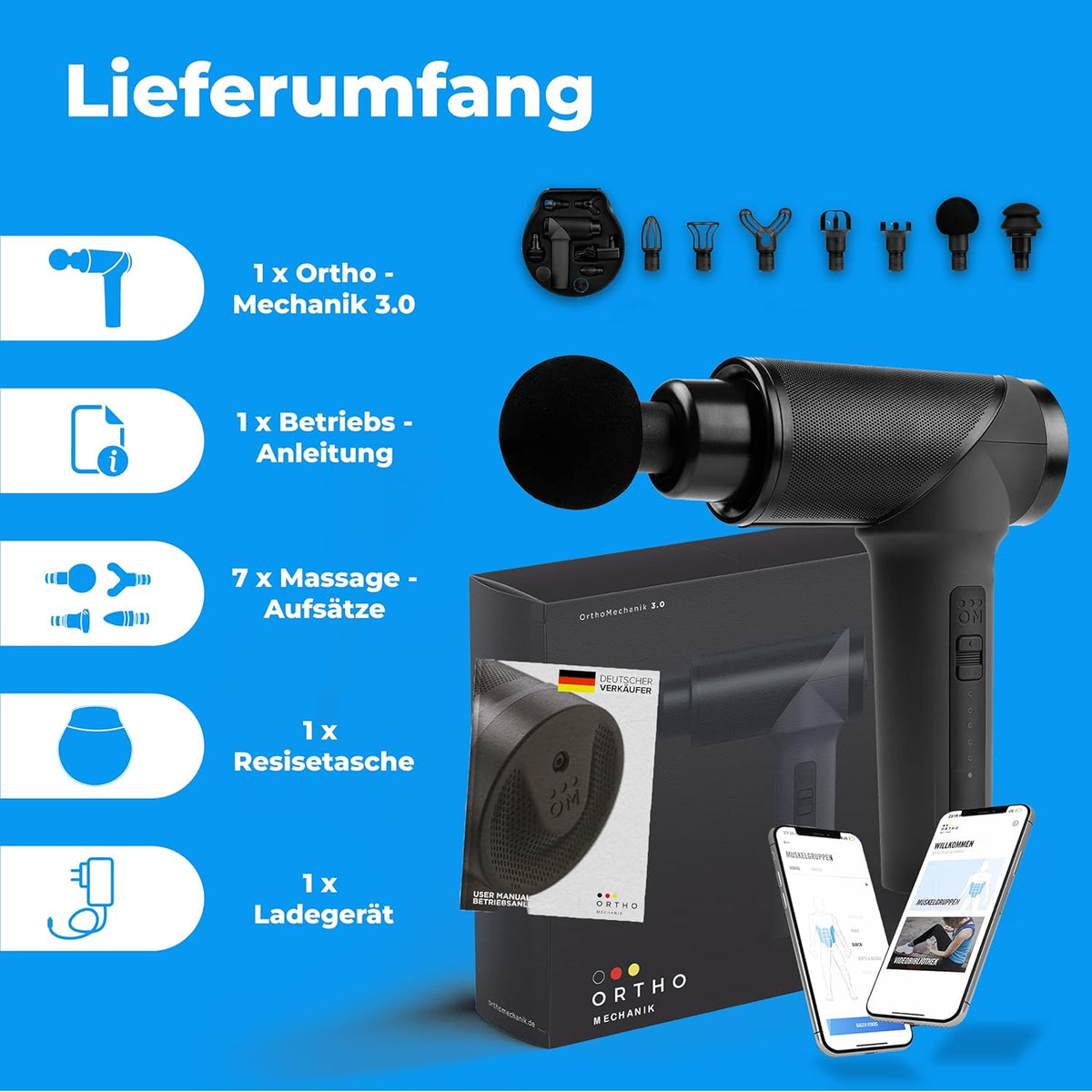 Massagepistole OrthoGun 3.0 160W 5 Intensitäten 7 Aufsätze Akku 360 Min Laufzeit inkl Koffer