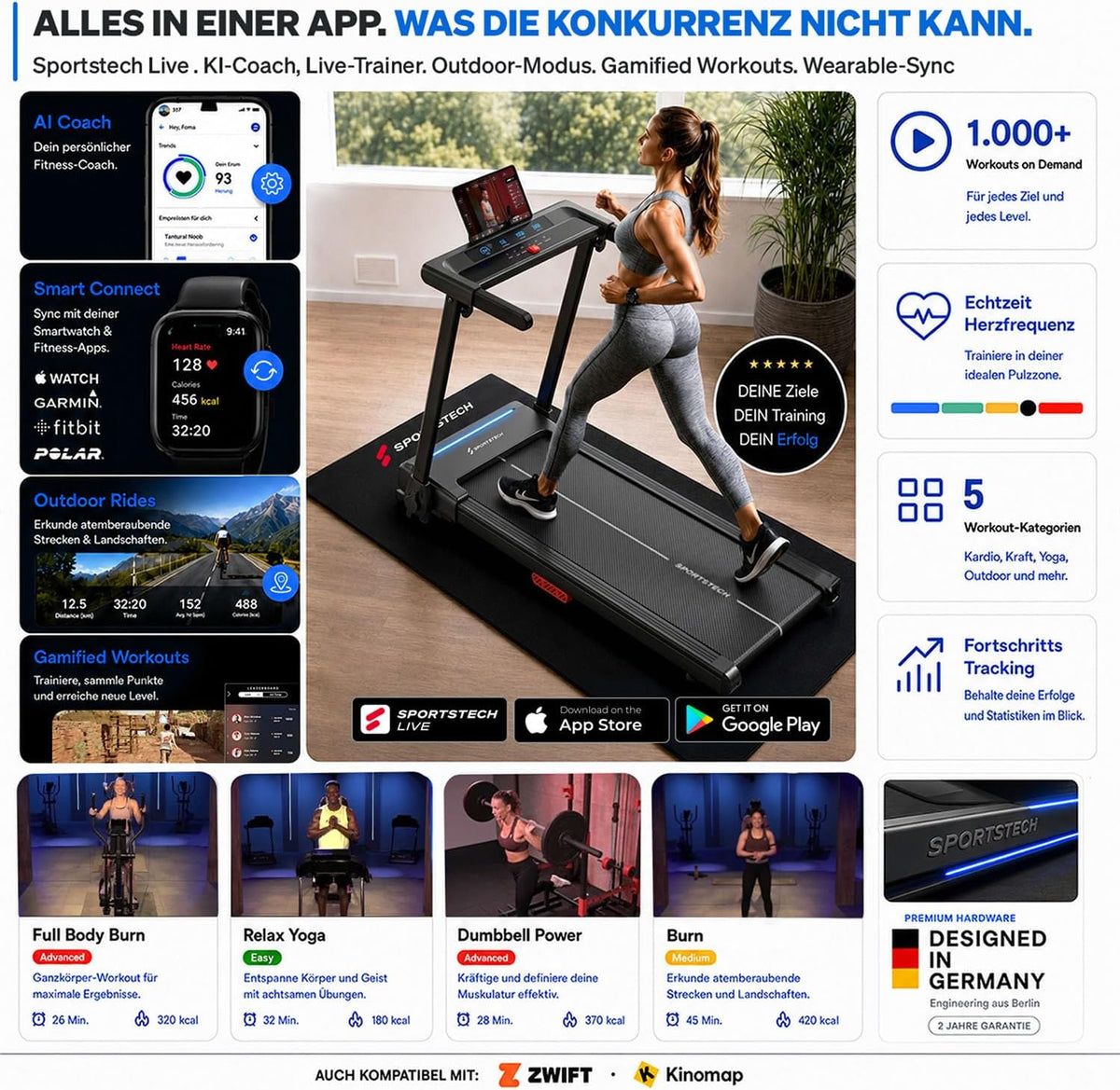 Elektrisches Laufband sProRun klappbar mit 9% Steigung 12 km/h für bis 120 kg Bluetooth LED Display und Tablethalter