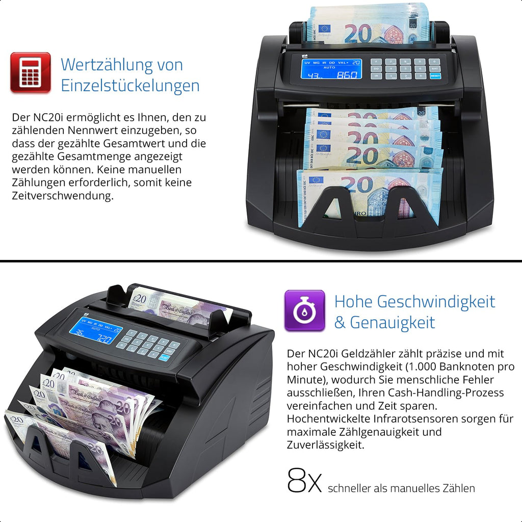 Banknotenzähler NC20i mit 5-facher Falschgelderkennung 1000 Banknoten pro Minute für sortierte Banknoten