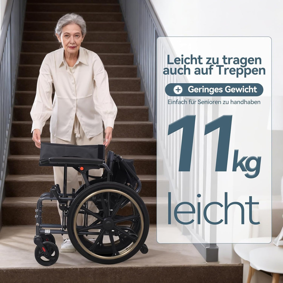 Rollstuhl Faltbar Leicht M4 11kg Aluminium Doppelpolster Stoßdämpfende Räder Abnehmbare Armlehnen Vollgummi Reifen