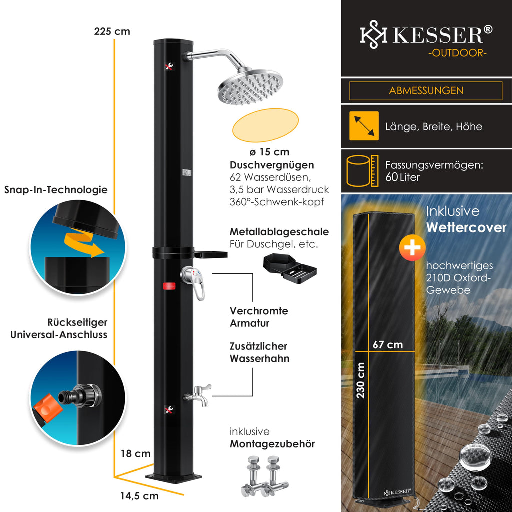 Solardusche 60 L für Garten und Pool mit 60 °C Wassertemperatur 62 Düsen 360° Regenduschkopf Wasserhahn Ablage und Schutzhaube