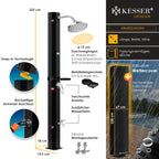 Solardusche 60 L für Garten und Pool mit 60 °C Wassertemperatur 62 Düsen 360° Regenduschkopf Wasserhahn Ablage und Schutzhaube